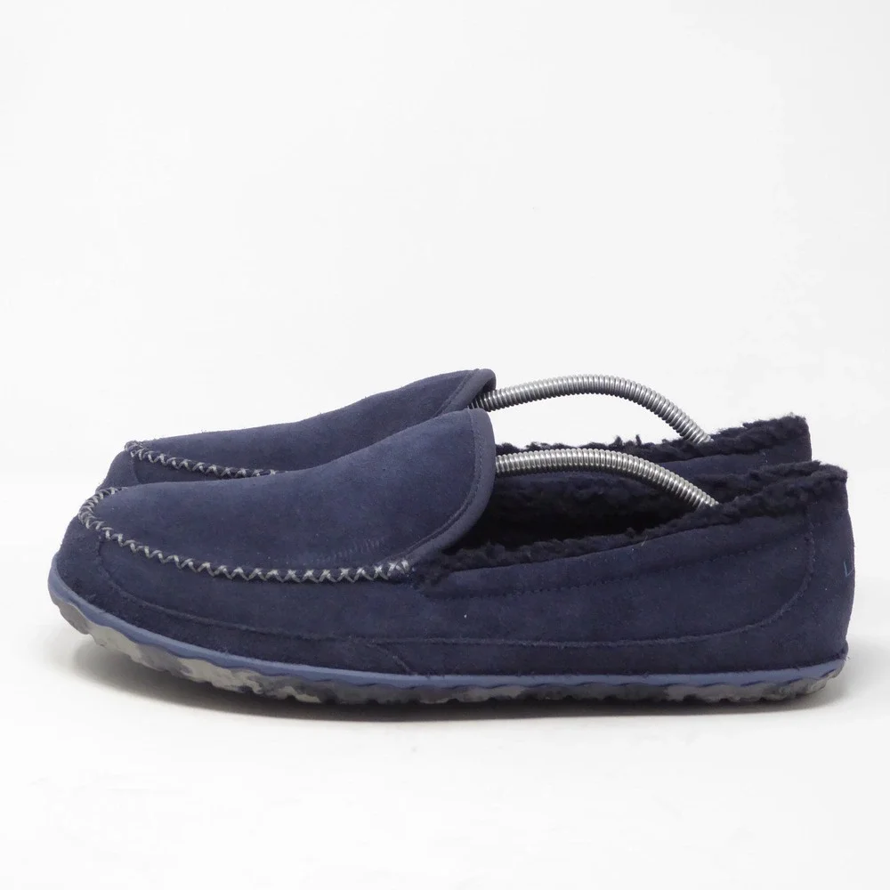 LL Bean Mens Mountain Slippers Navy Suede Fleece Lined Moccasins Size 12